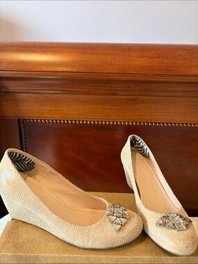 BCBGeneration Cream Wedge Flats with Crystal Accent